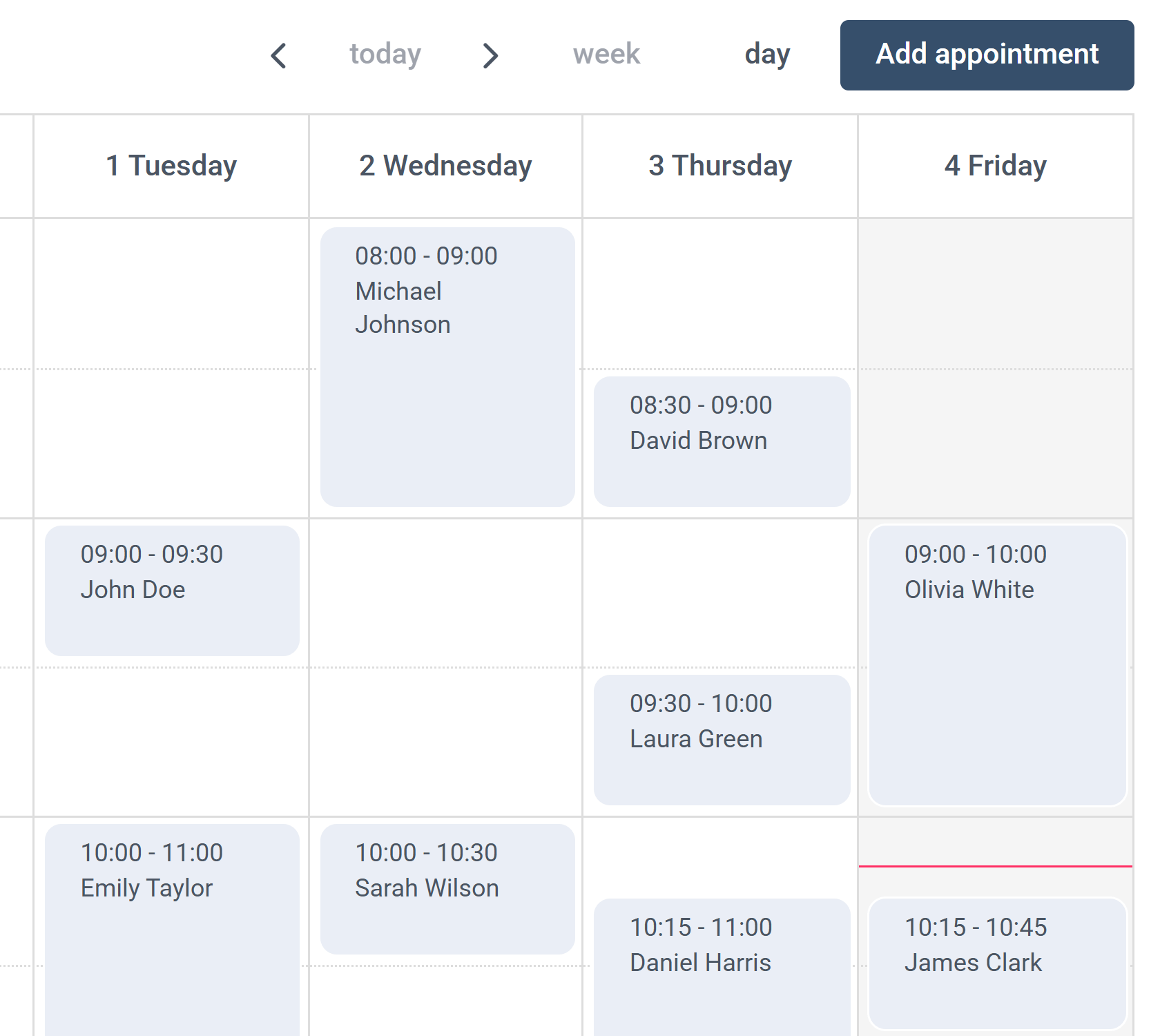 App screenshot showing a calendar with apointments